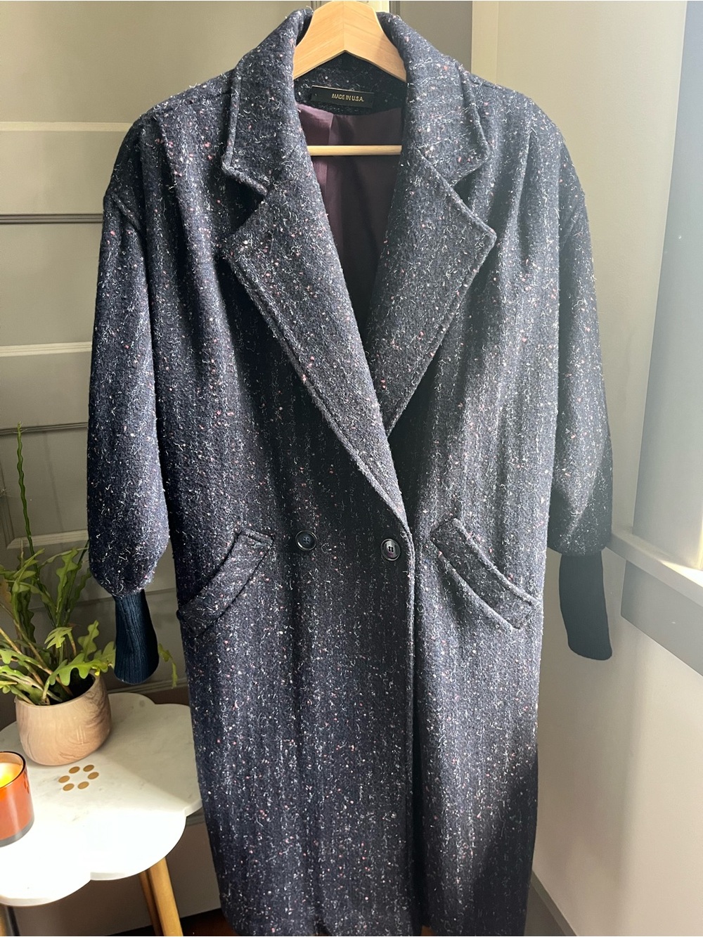 Vintage Navy Flecked Wool-blend Double Breasted Long Coat